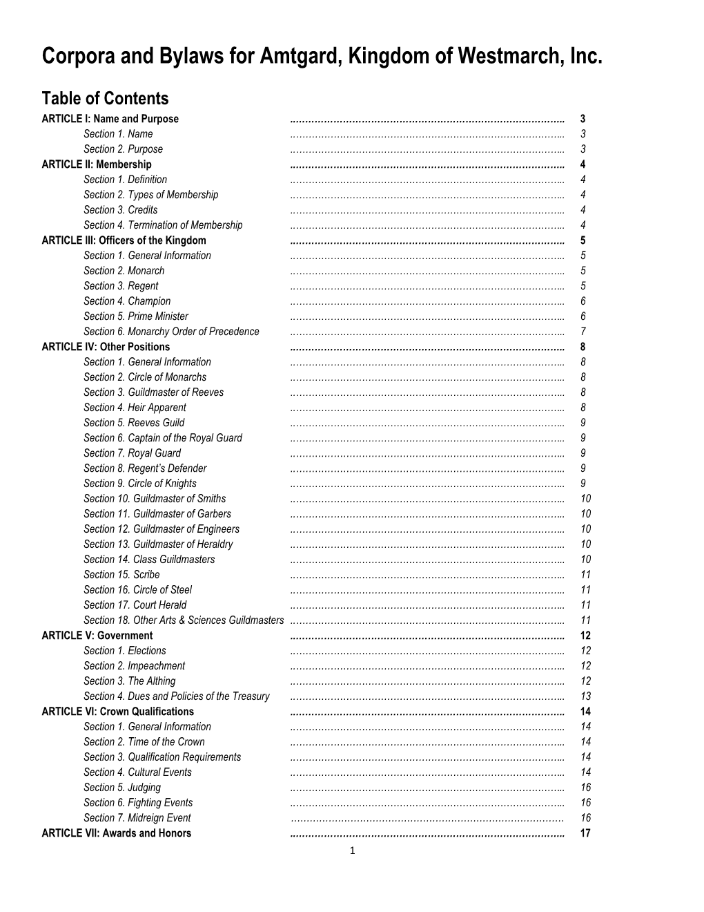 Corpora and Bylaws for Amtgard, Kingdom of Westmarch, Inc