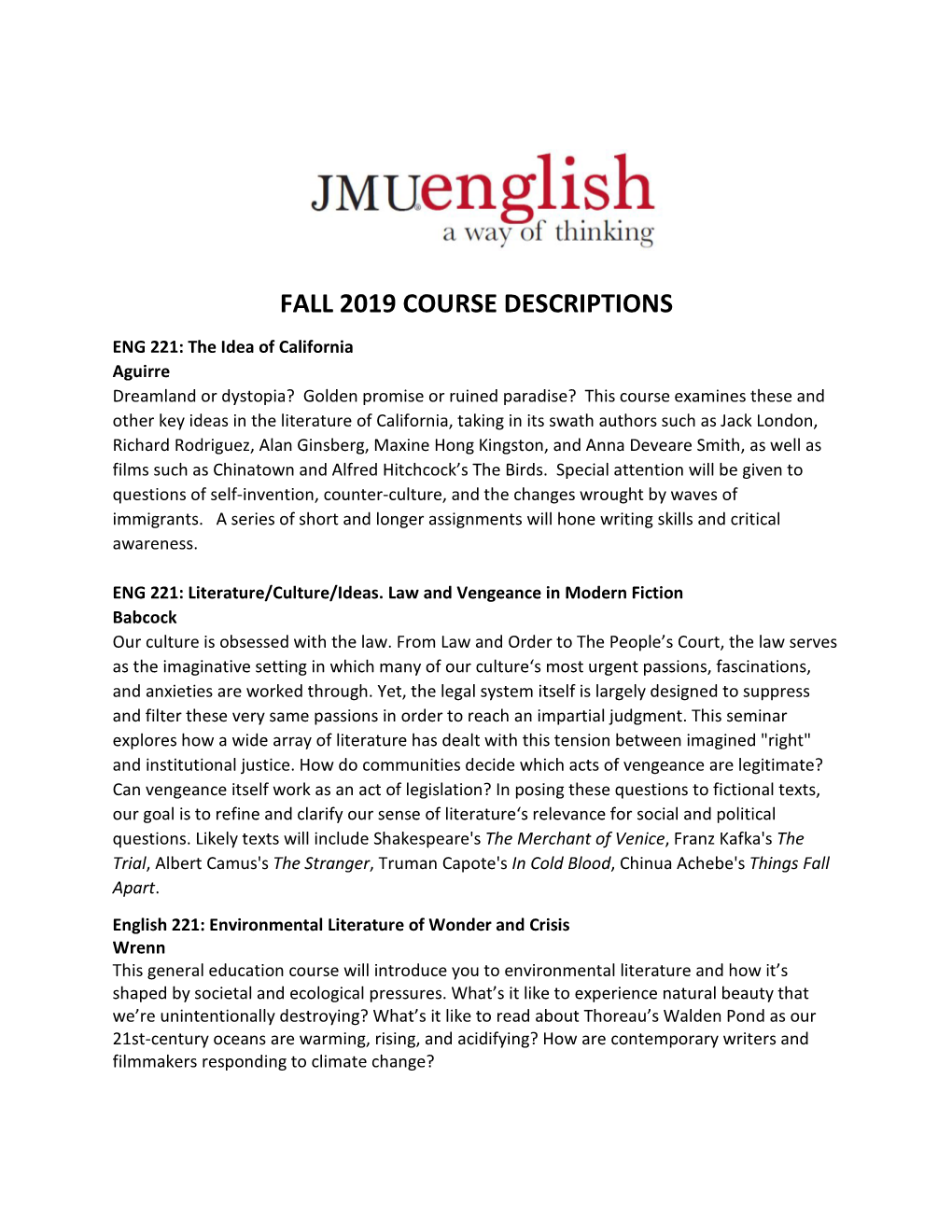 Fall 2019 Course Descriptions