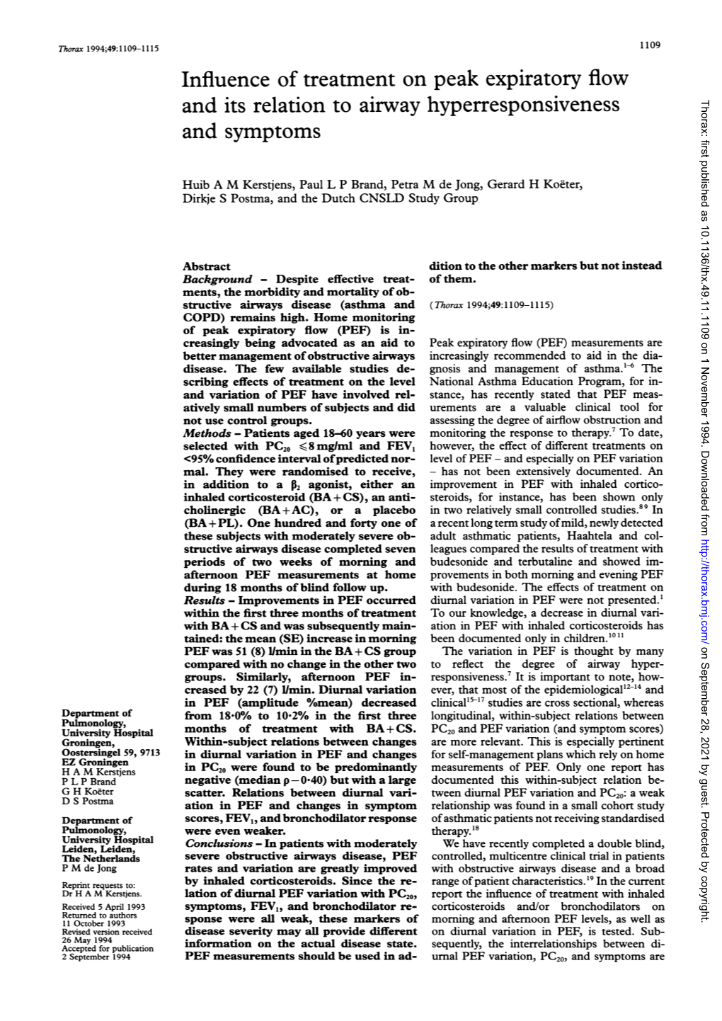 Influence of Treatment on Peak Expiratory Flow and Its Relation to Airway Hyperresponsiveness Thorax: First Published As 10.1136/Thx.49.11.1109 on 1 November 1994