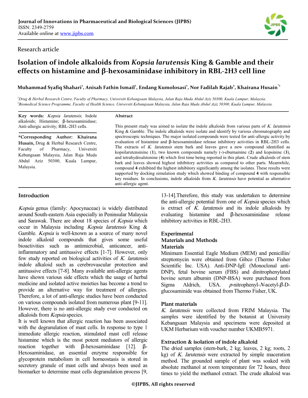 Isolation of Indole Alkaloids from Kopsia Larutensis King & Gamble