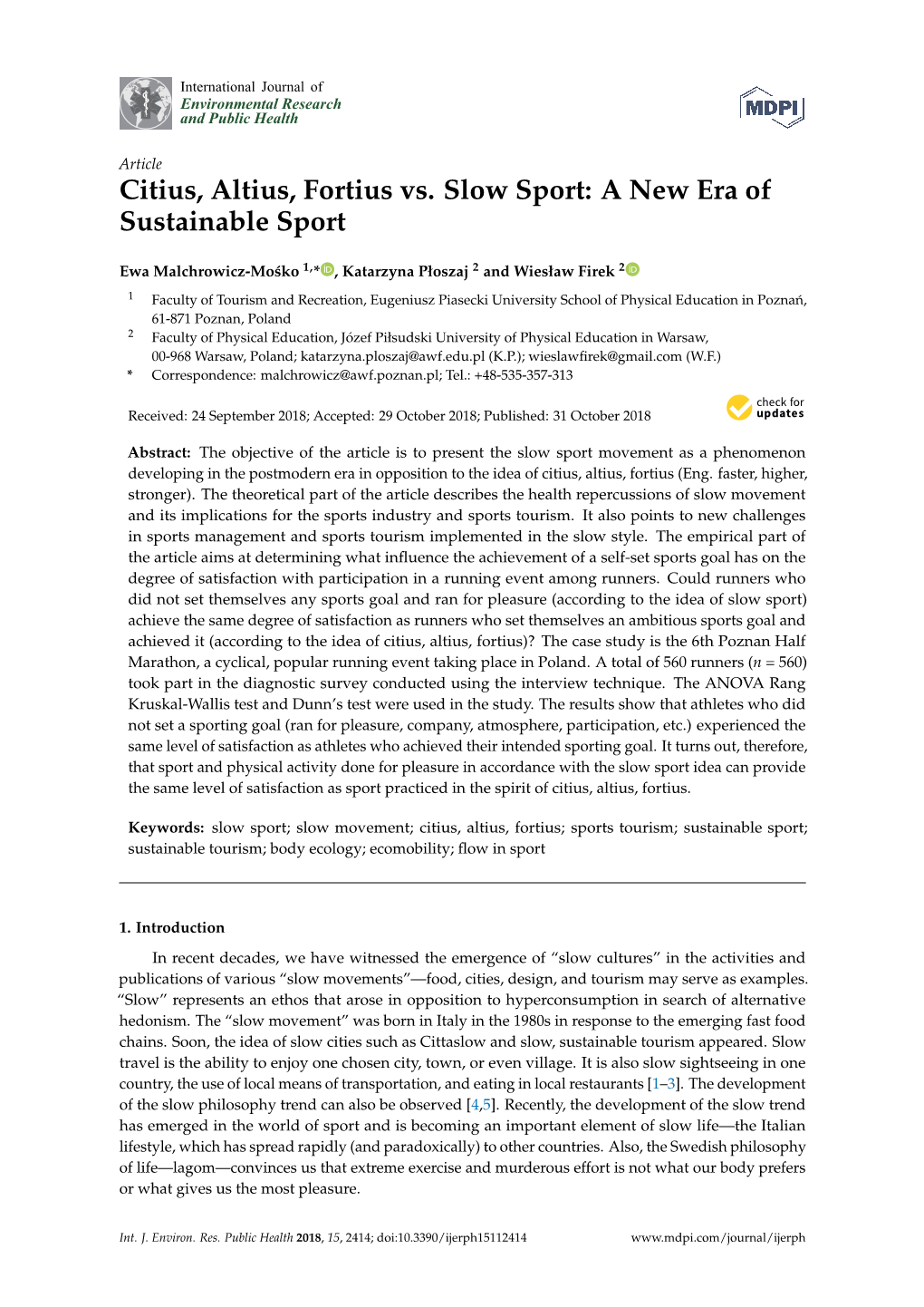 Citius, Altius, Fortius Vs. Slow Sport: a New Era of Sustainable Sport