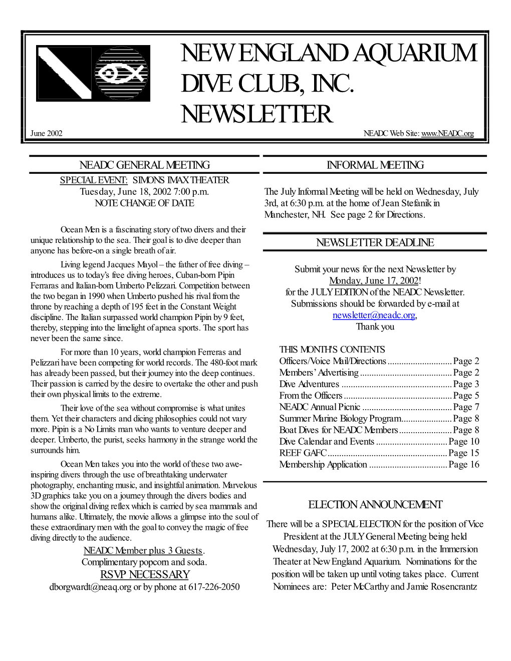 New England Aquarium Dive Club, Inc. Newsletter