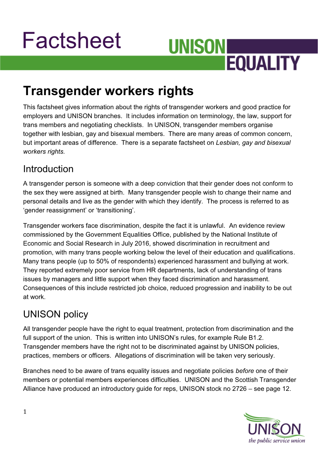 Transgender Workers Rights This Factsheet Gives Information About the Rights of Transgender Workers and Good Practice for Employers and UNISON Branches