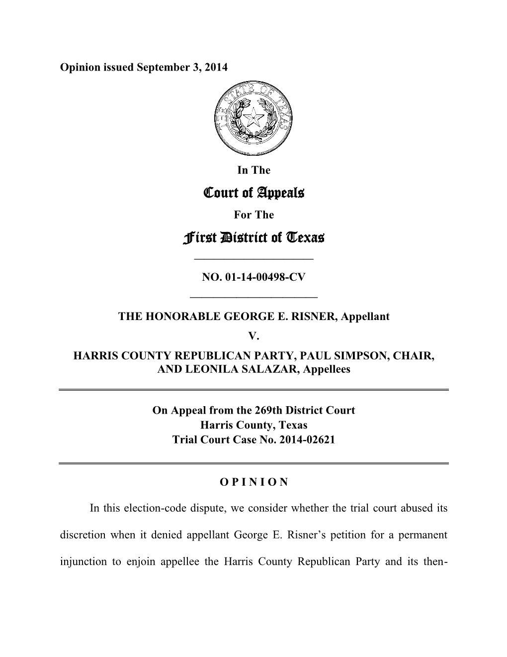 Court of Appeals First District of Texas