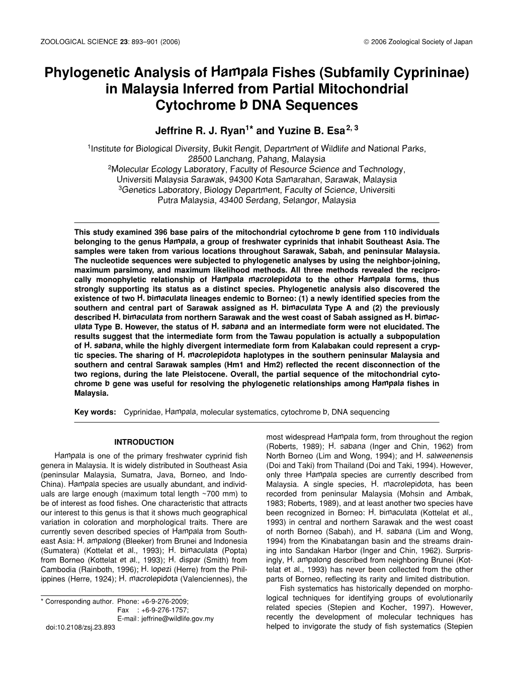 Phylogenetic Analysis of Hampala Fishes (Subfamily Cyprininae) in Malaysia Inferred from Partial Mitochondrial Cytochrome B DNA Sequences