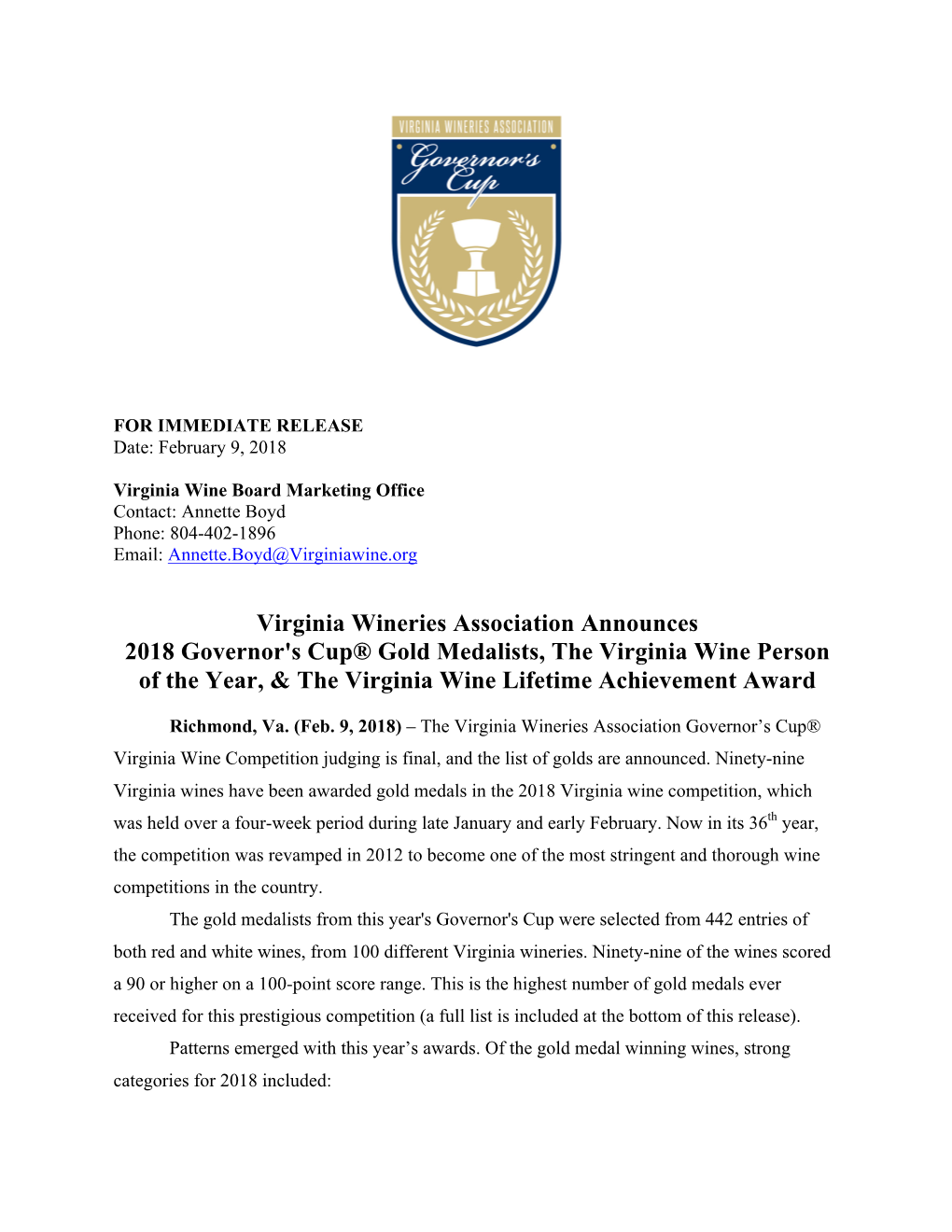 Virginia Wineries Association Announces 2018 Governor's Cup® Gold Medalists, the Virginia Wine Person of the Year, & the Virginia Wine Lifetime Achievement Award