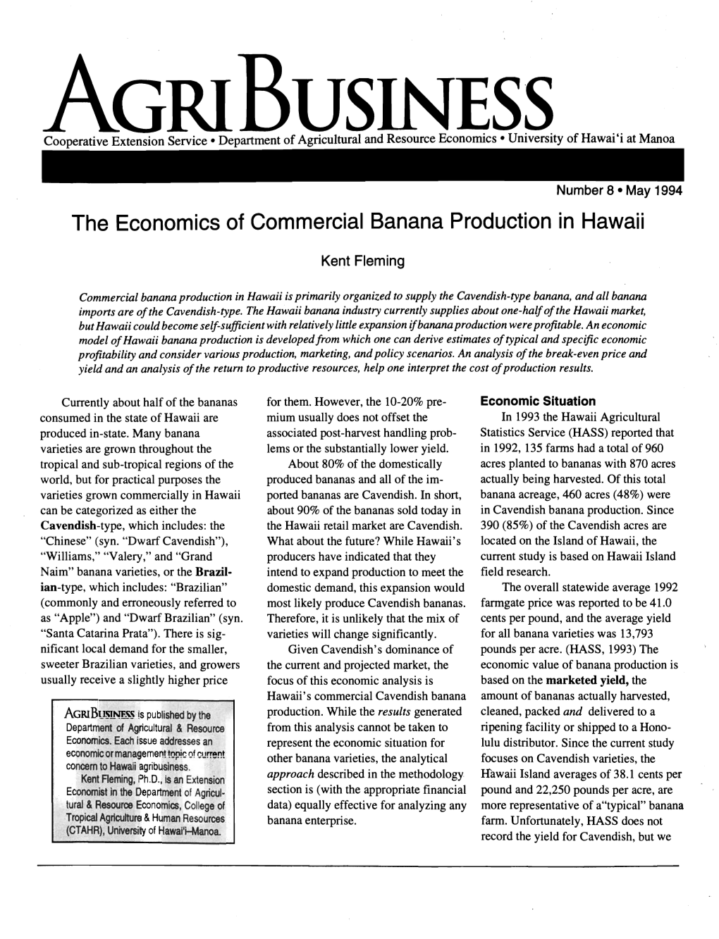 The Economics of Commercial Banana Production in Hawaii