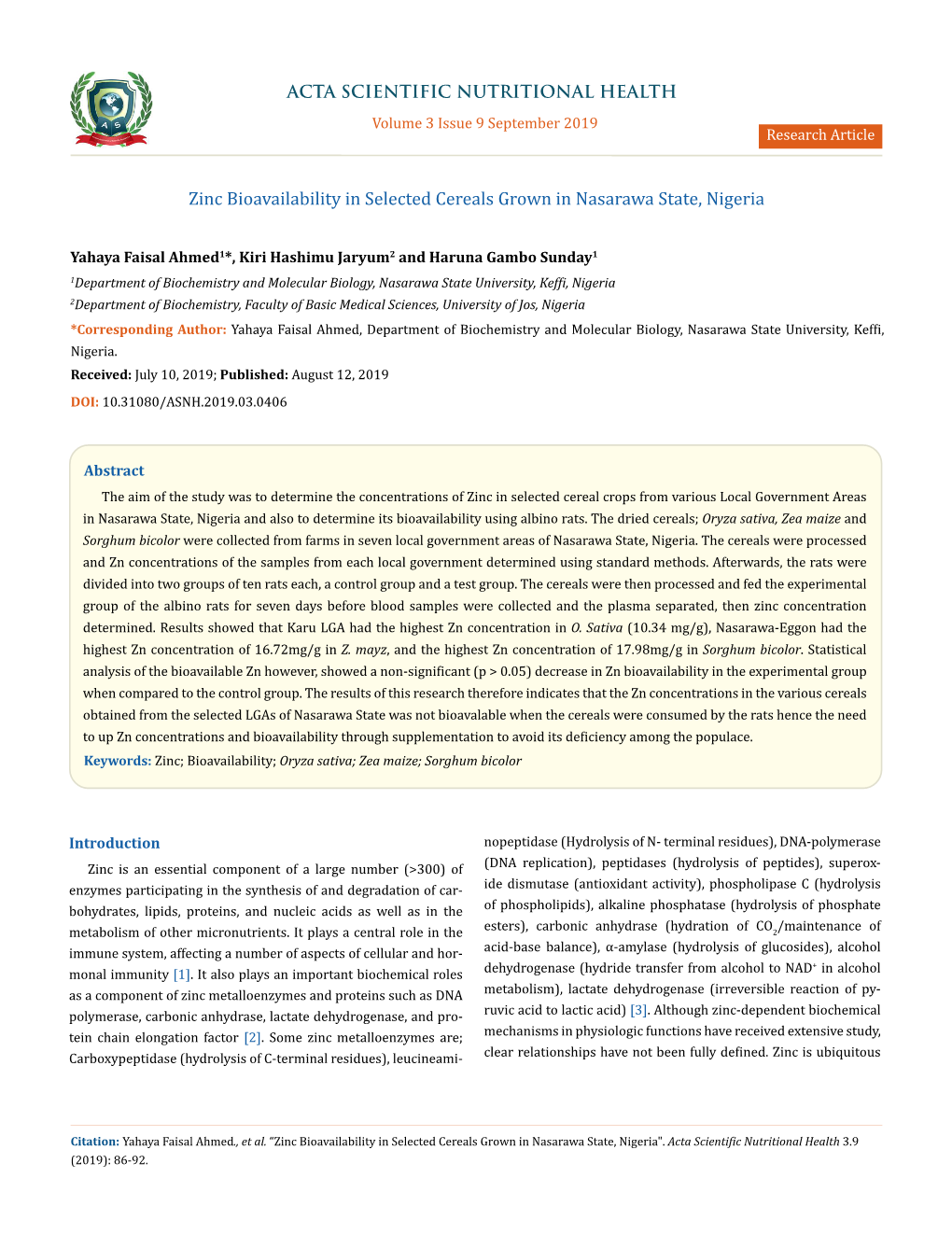 Zinc Bioavailability in Selected Cereals Grown in Nasarawa State, Nigeria