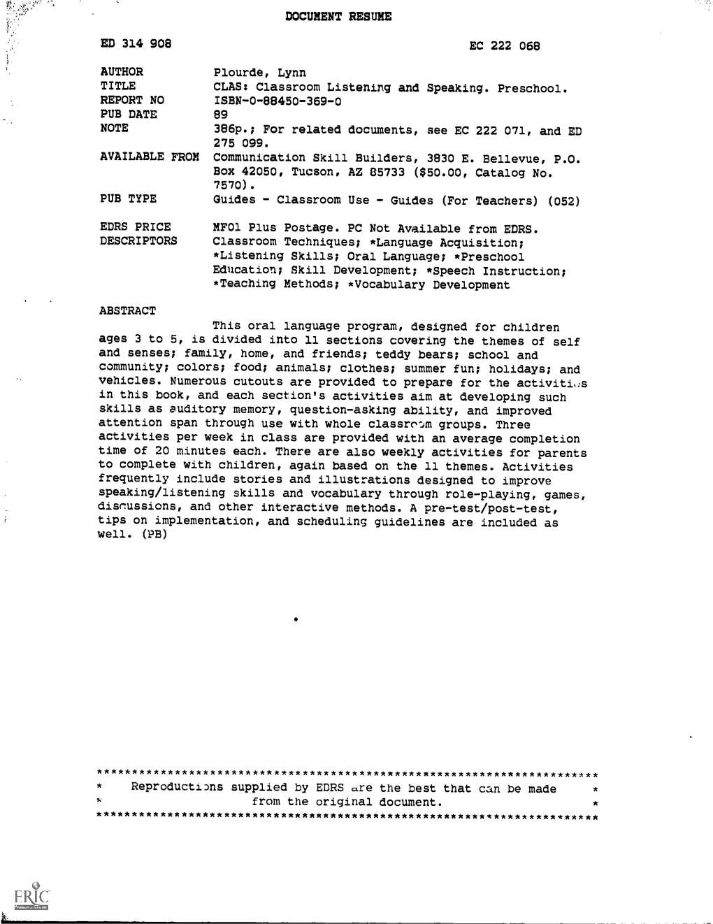 CLAS: Classroom Listening and Speaking. Preschool. REPORT NO ISBN-0-88450-369-0 PUB DATE 89 NOTE 386P.; for Related Documents, See EC 222 071, and ED 275 099