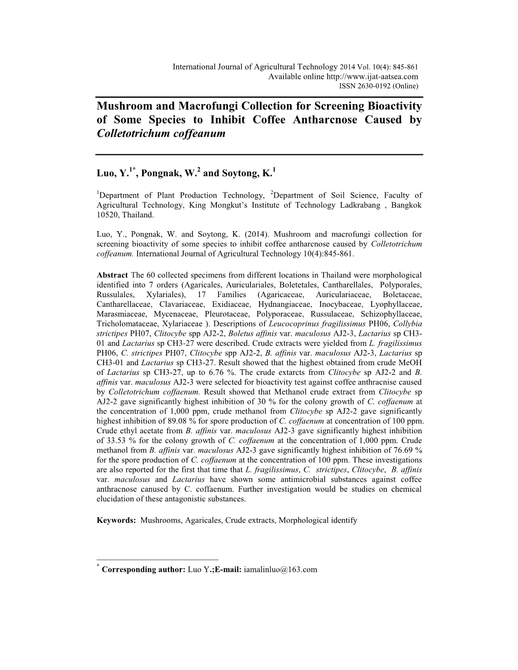 Mushroom and Macrofungi Collection for Screening Bioactivity of Some Species to Inhibit Coffee Antharcnose Caused by Colletotrichum Coffeanum