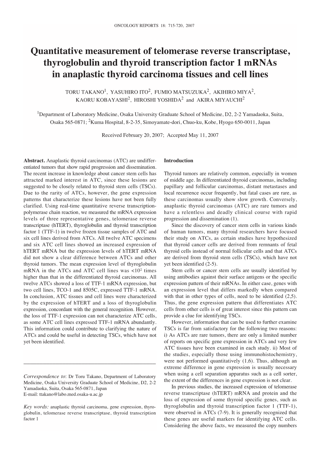 Quantitative Measurement of Telomerase Reverse Transcriptase