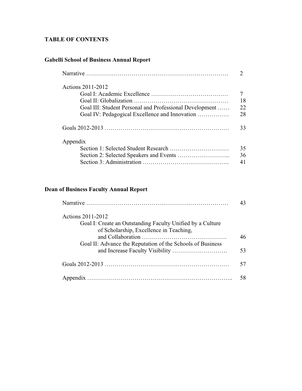 TABLE of CONTENTS Gabelli School of Business Annual Report Narrative