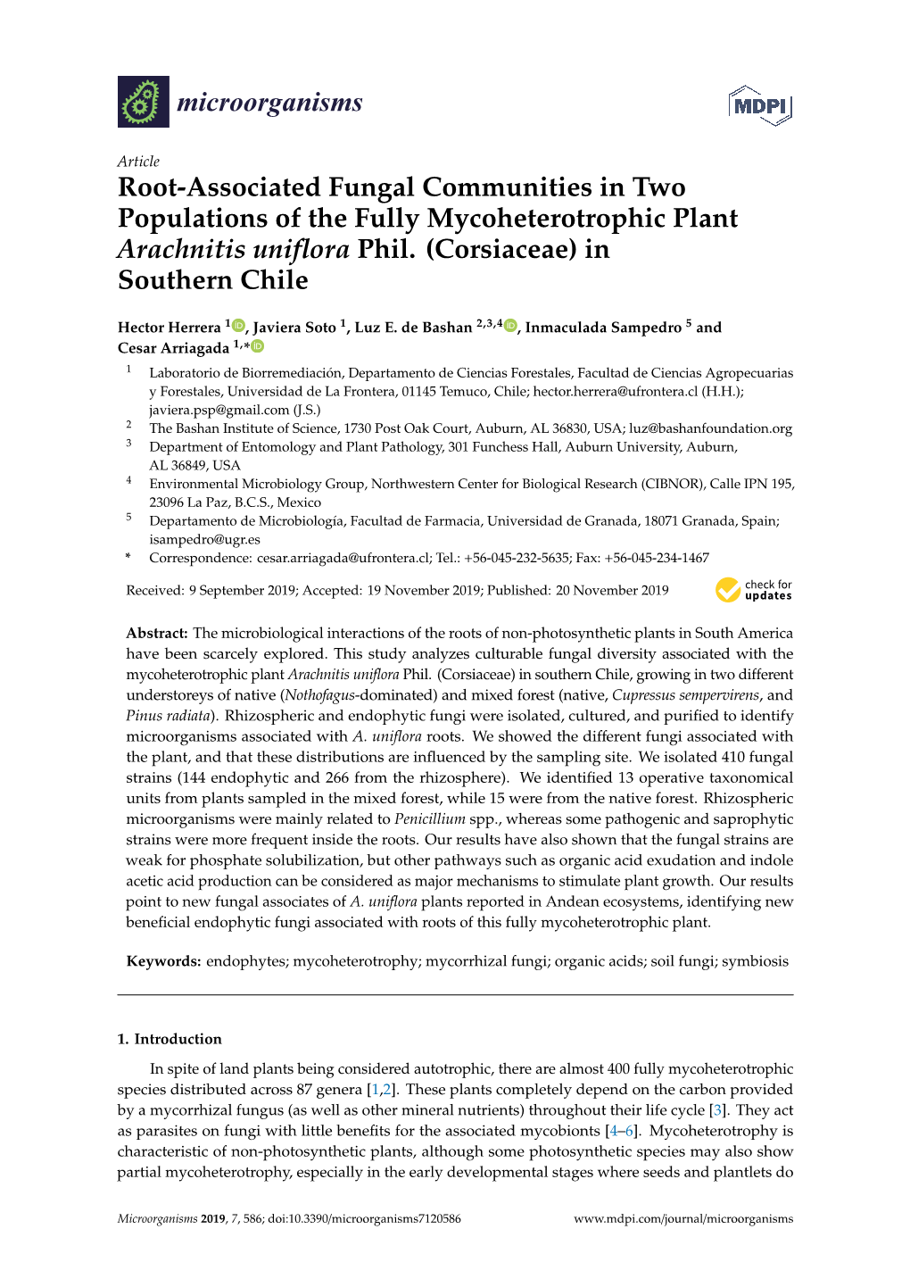 Root-Associated Fungal Communities in Two Populations of the Fully Mycoheterotrophic Plant Arachnitis Uniﬂora Phil