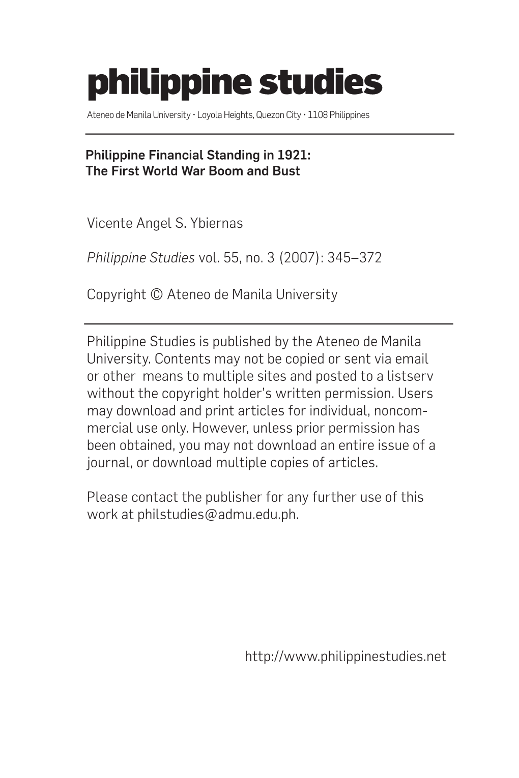 Philippine Studies Ateneo De Manila University • Loyola Heights, Quezon City • 1108 Philippines