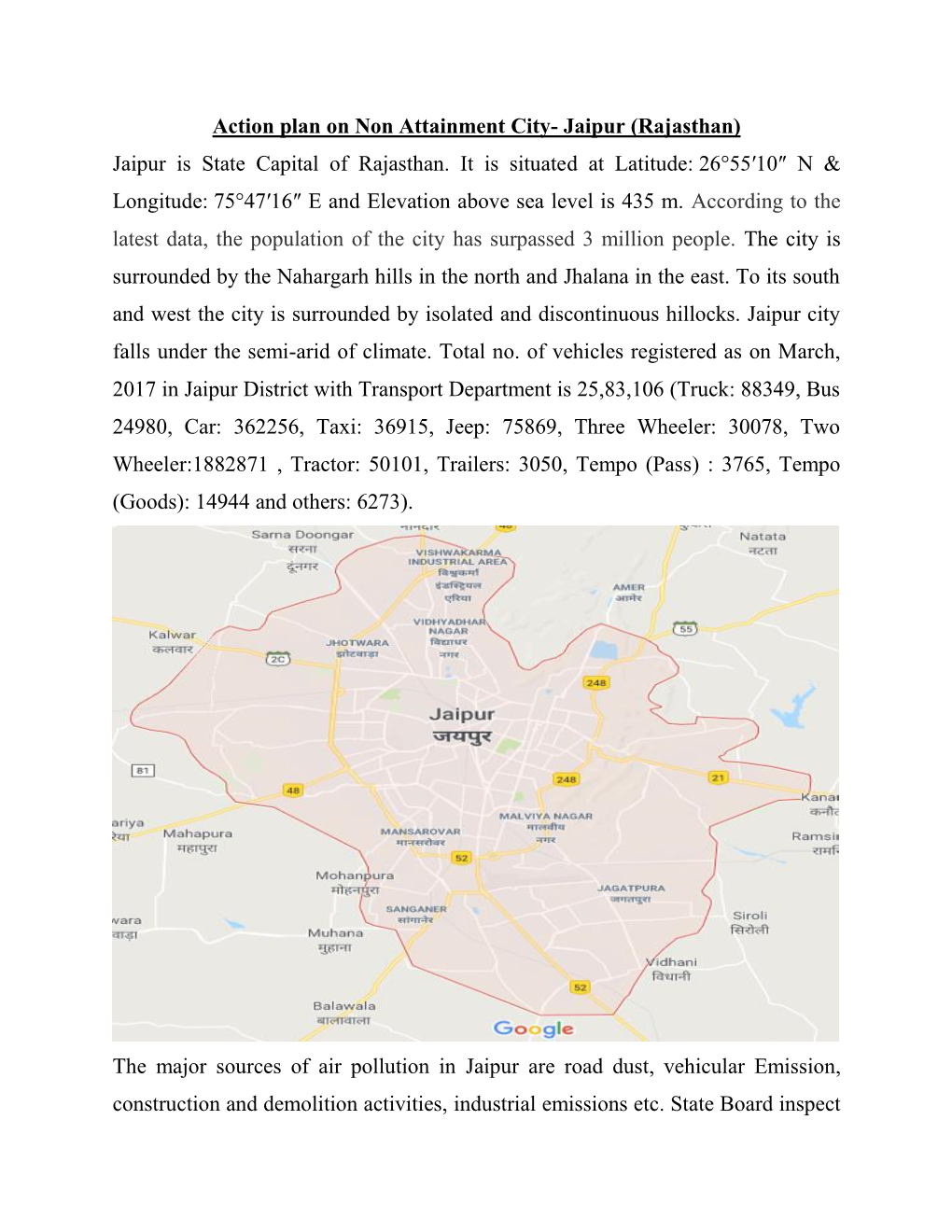Action Plan on Non Attainment City- Jaipur (Rajasthan) Jaipur Is State Capital of Rajasthan