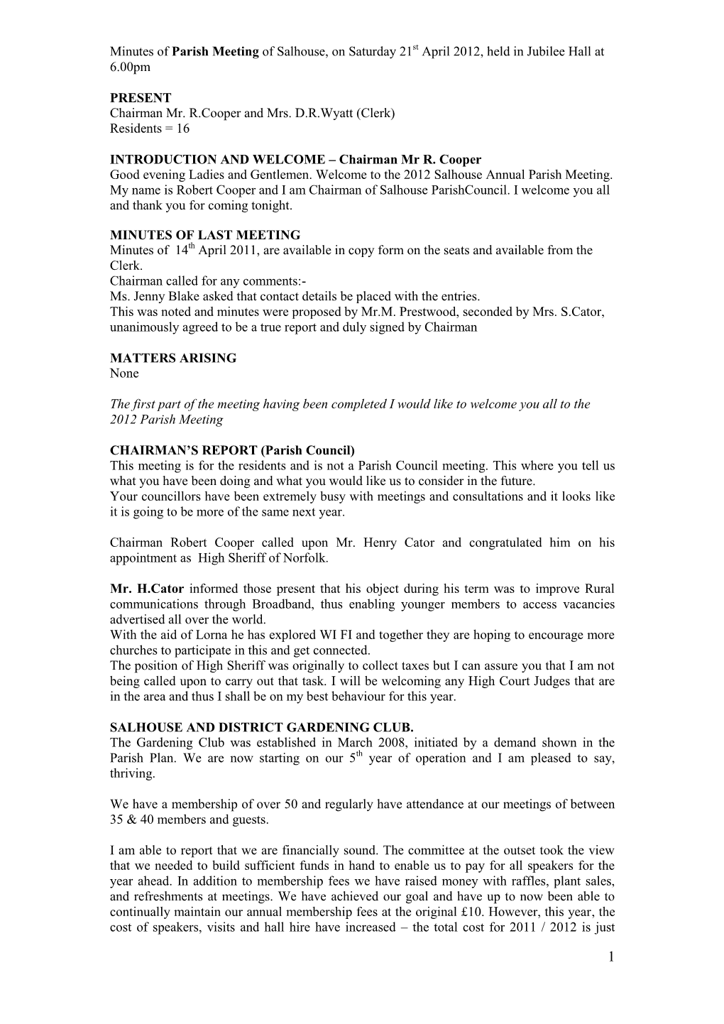 Minutes of Parish Meeting of Salhouse, on Saturday 14Th May 2011, In