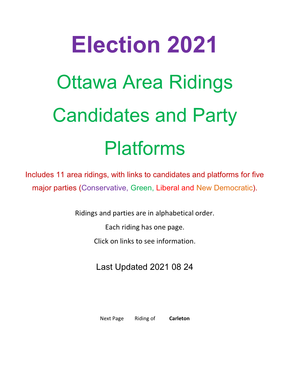 Election 2021 Ottawa Area Ridings Candidates and Party Platforms