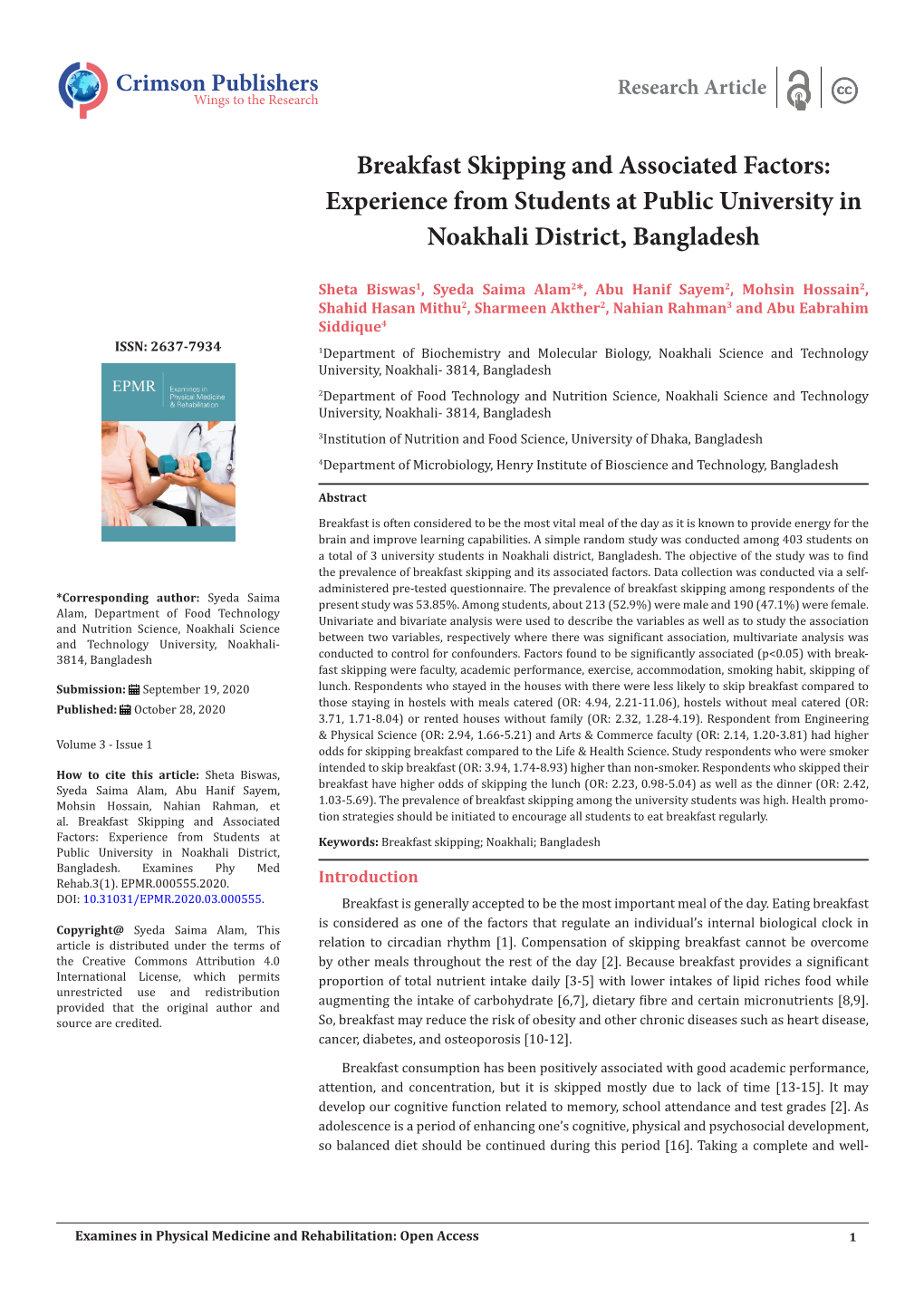 Breakfast Skipping and Associated Factors: Experience from Students at Public University in Noakhali District, Bangladesh