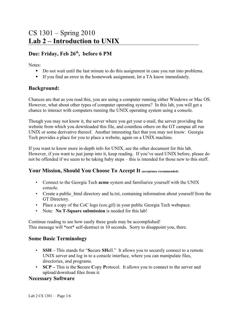 CS 1301 – Spring 2010 Lab 2 – Introduction to UNIX