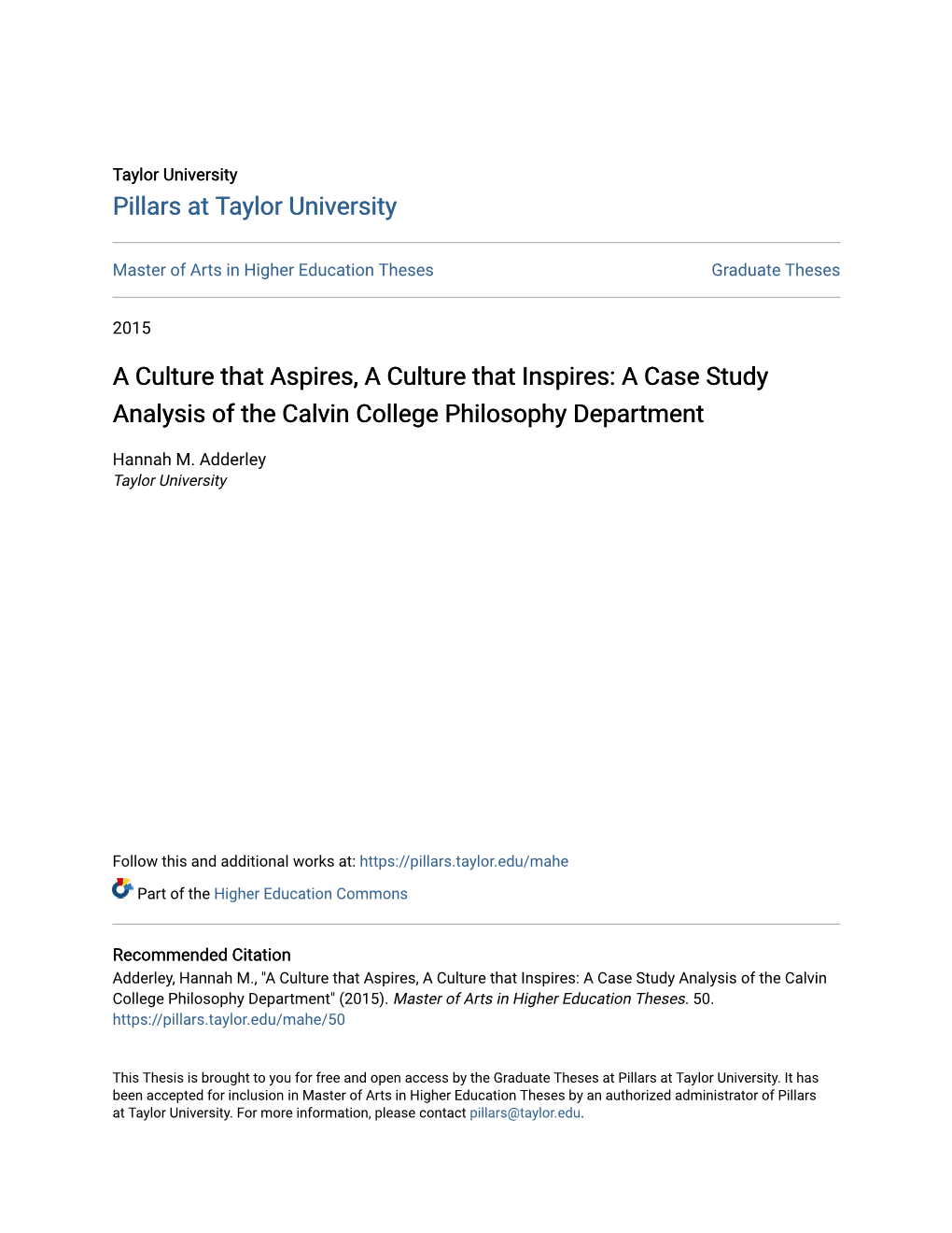 A Culture That Aspires, a Culture That Inspires: a Case Study Analysis of the Calvin College Philosophy Department