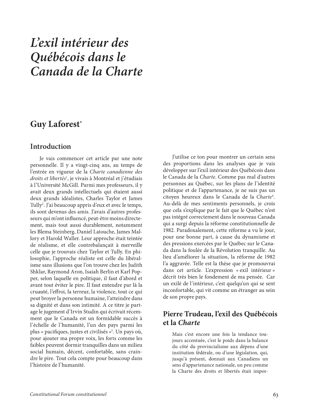 L'exil Intérieur Des Québécois Dans Le Canada De La Charte