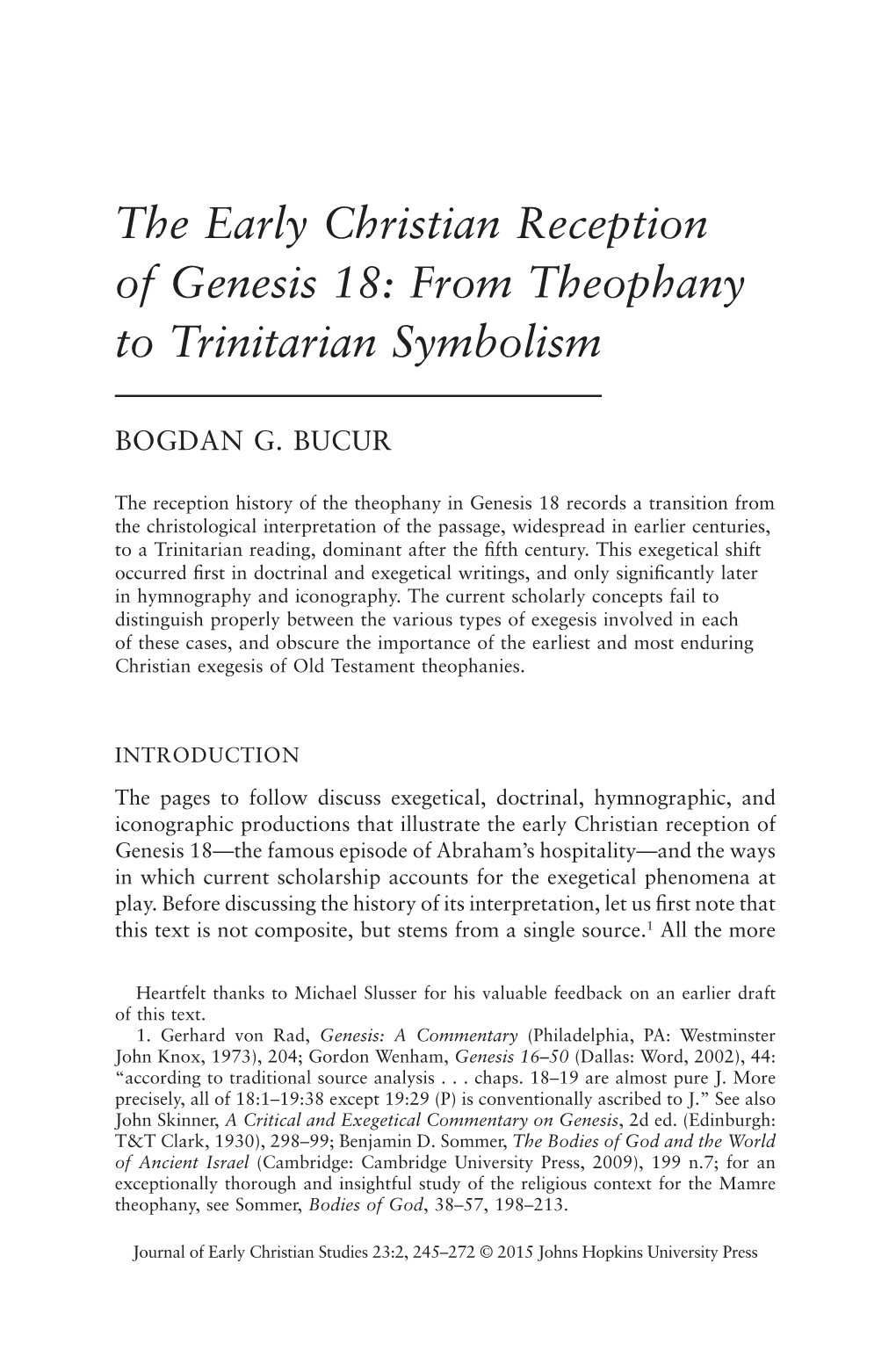 The Early Christian Reception of Genesis 18: from Theophany to Trinitarian Symbolism