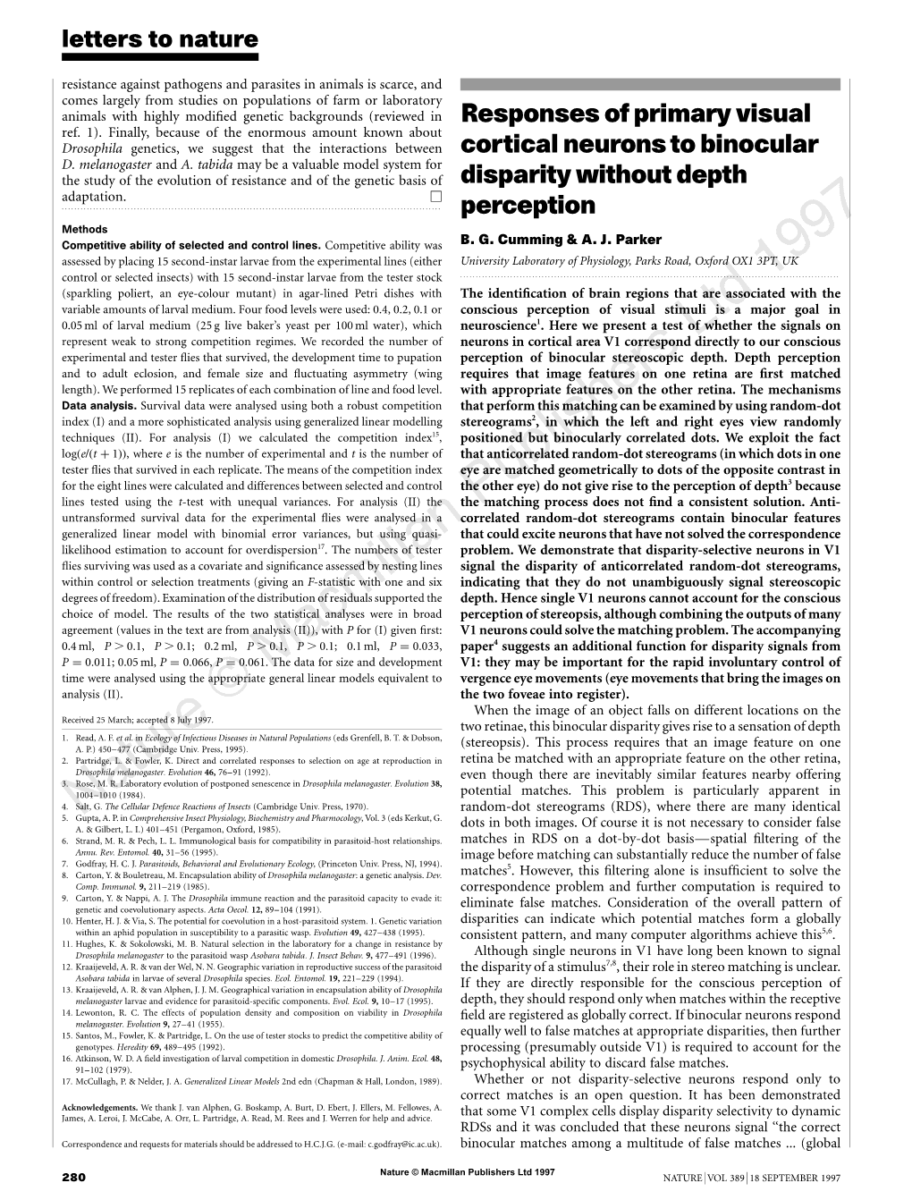 Responses of Primary Visual Cortical Neurons to Binocular Disparity