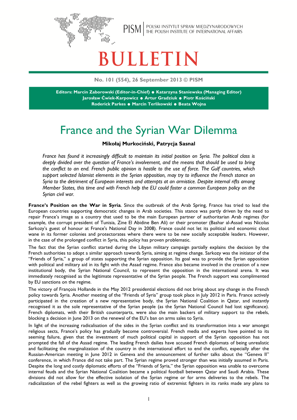 France and the Syrian War Dilemma Mikołaj Murkociński, Patrycja Sasnal