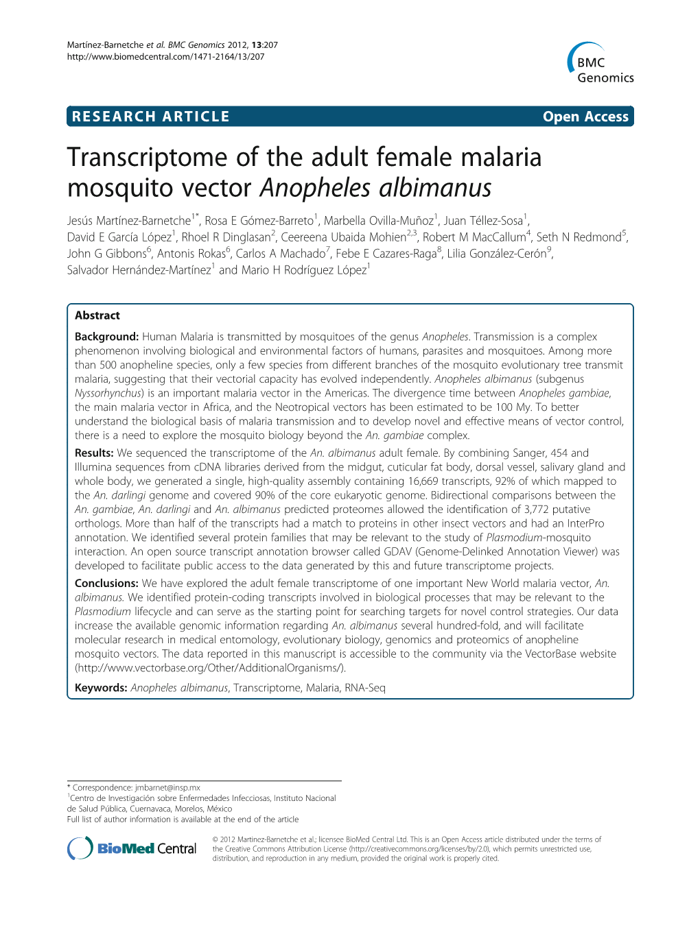 Transcriptome of the Adult Female Malaria Mosquito Vector Anopheles
