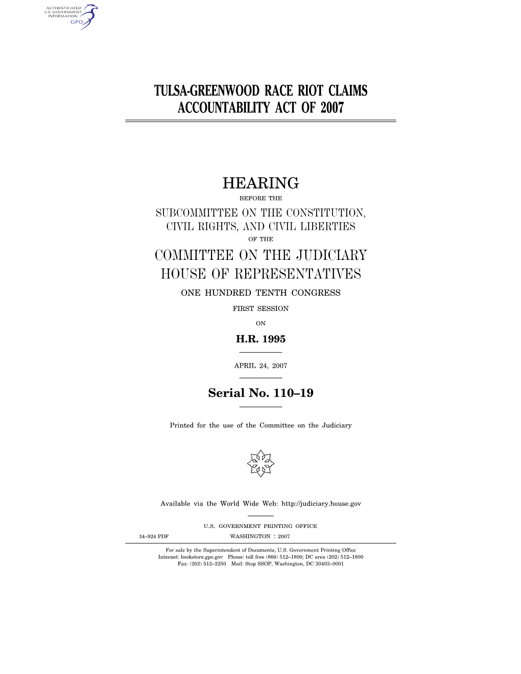 Tulsa-Greenwood Race Riot Claims Accountability Act of 2007