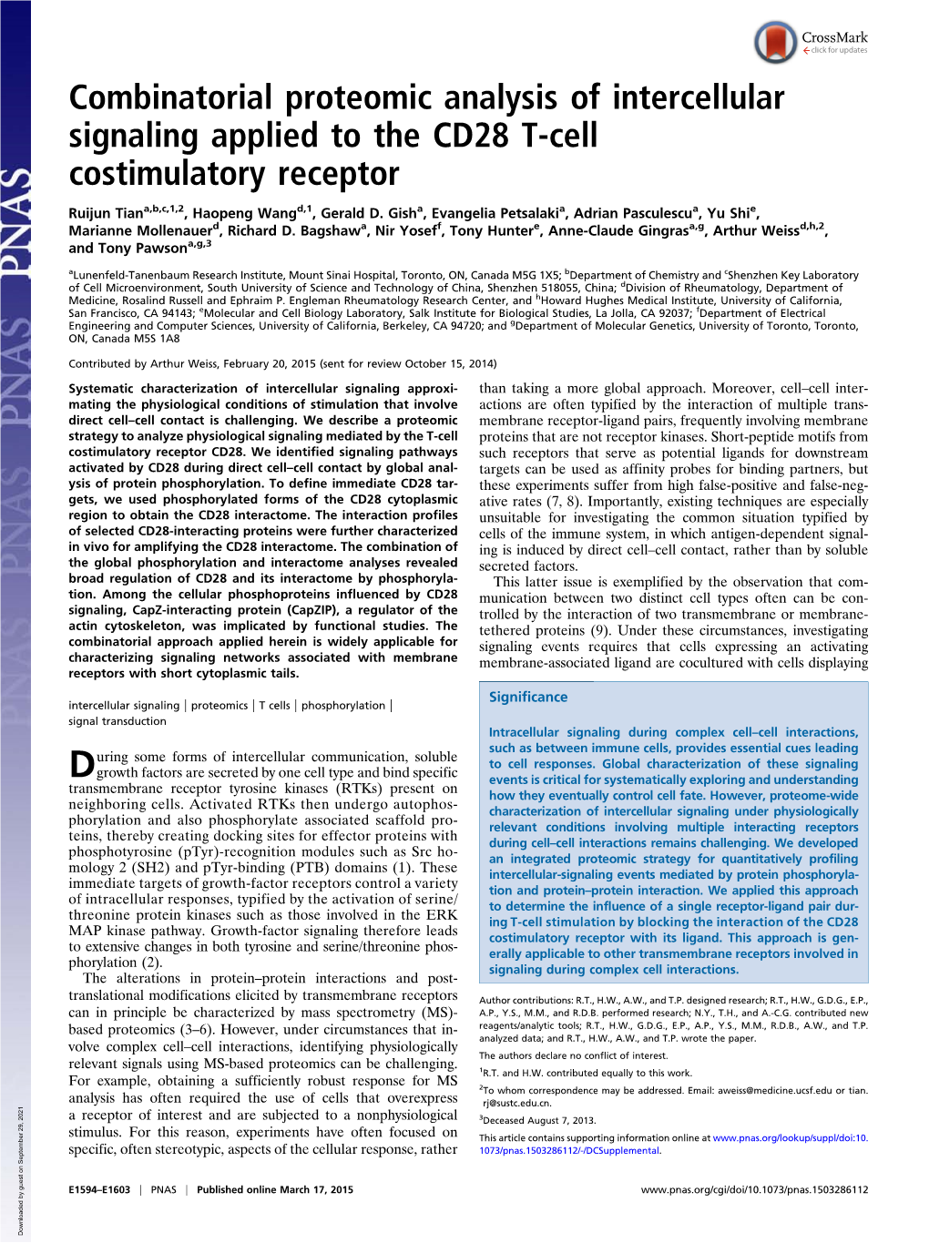 Combinatorial Proteomic Analysis of Intercellular Signaling Applied to the CD28 T-Cell Costimulatory Receptor