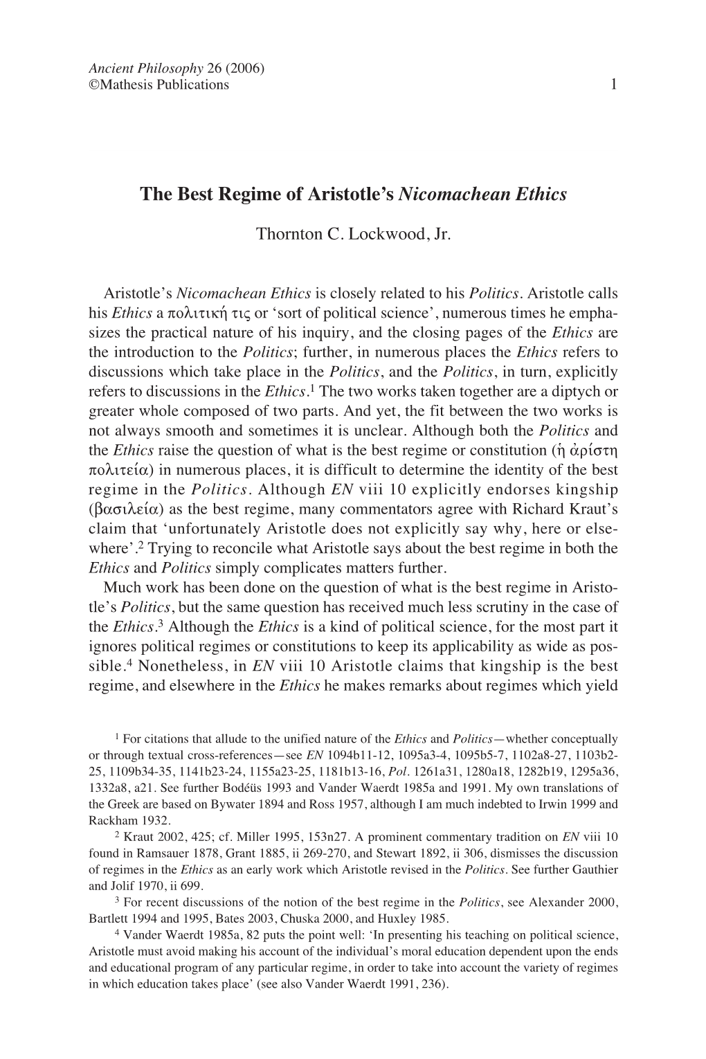 The Best Regime of Aristotle's Nicomachean Ethics