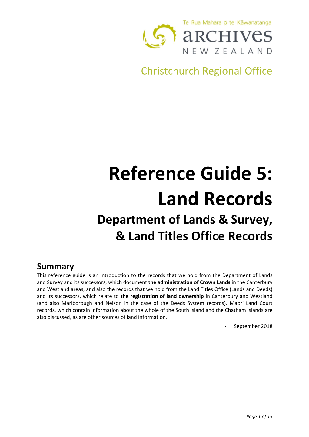 Reference Guide 5: Land Records Department of Lands & Survey, & Land Titles Office Records