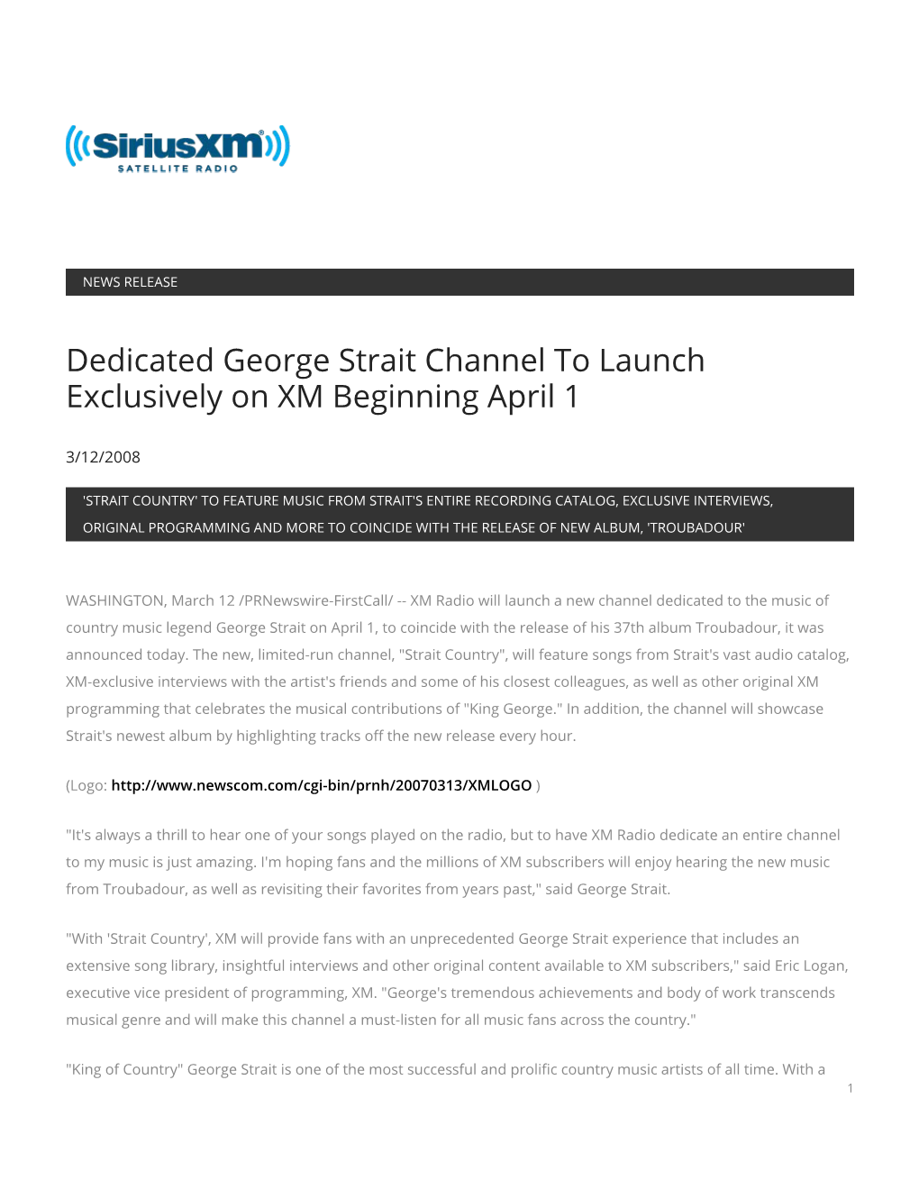 Dedicated George Strait Channel to Launch Exclusively on XM Beginning April 1