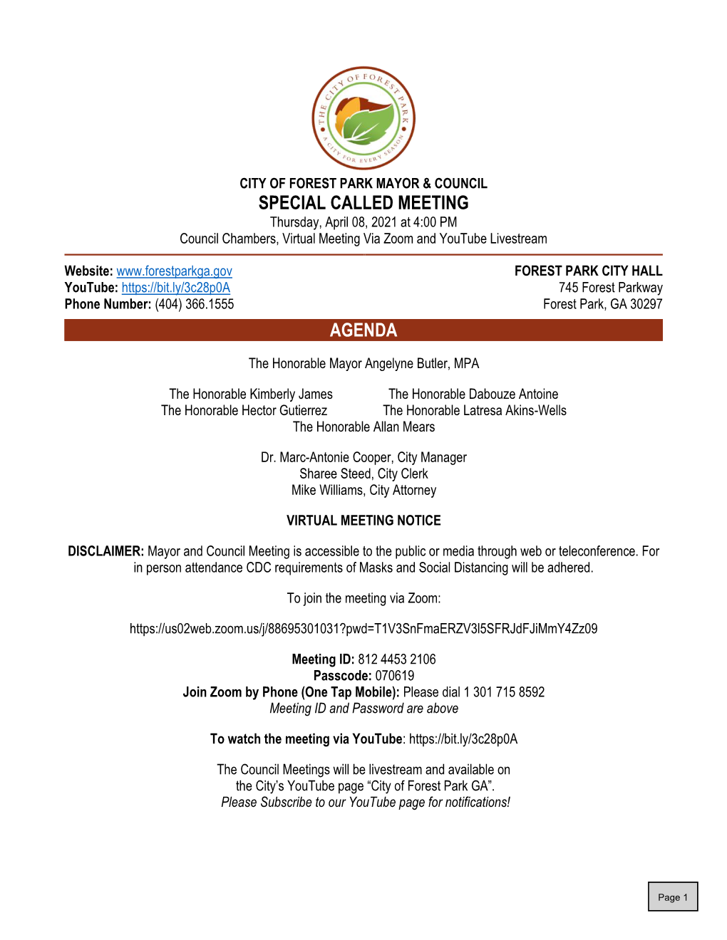 Special Called Meeting Agenda 4/8/2021