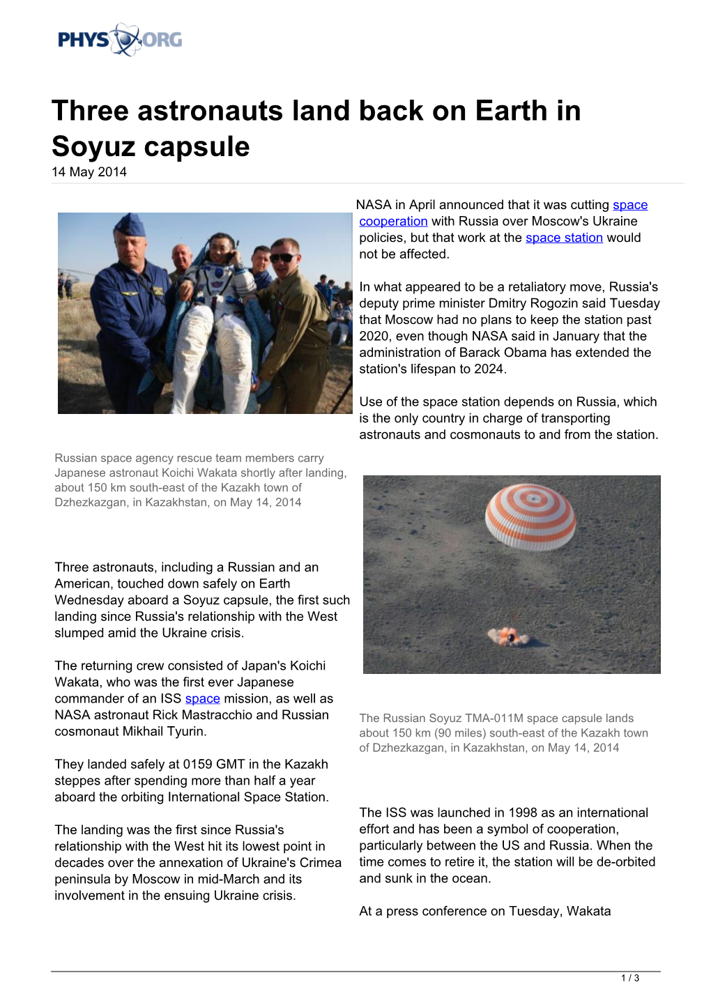 Three Astronauts Land Back on Earth in Soyuz Capsule 14 May 2014