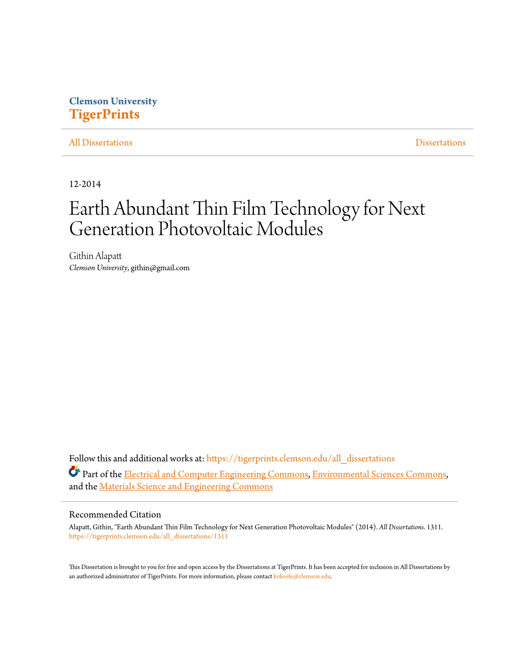 Earth Abundant Thin Film Technology for Next Generation Photovoltaic Modules