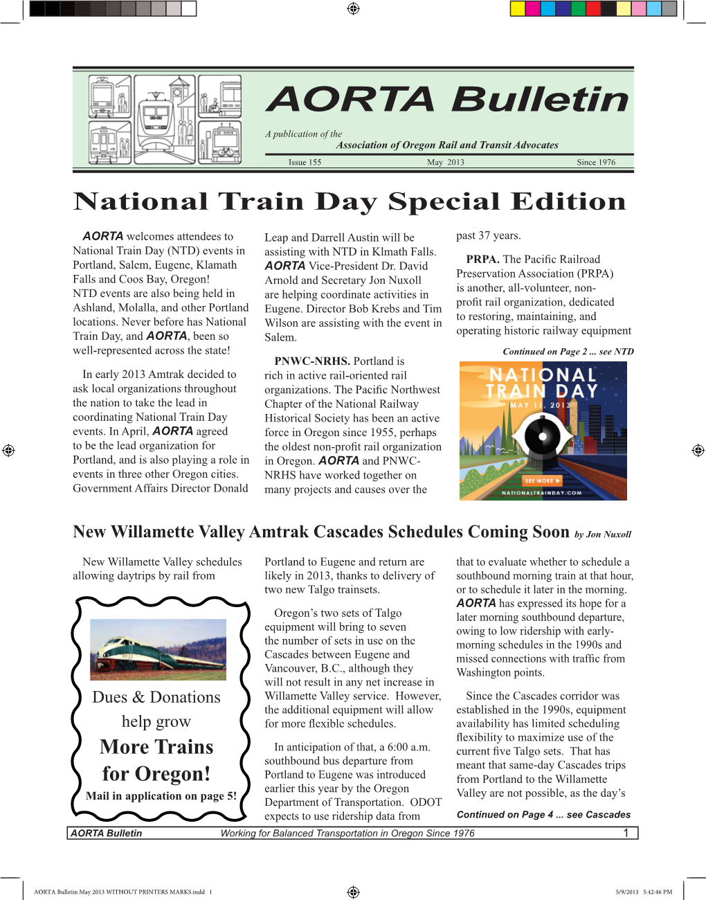 AORTA Bulletin a Publication of the Association of Oregon Rail and Transit Advocates Issue 155 May 2013 Since 1976 National Train Day Special Edition