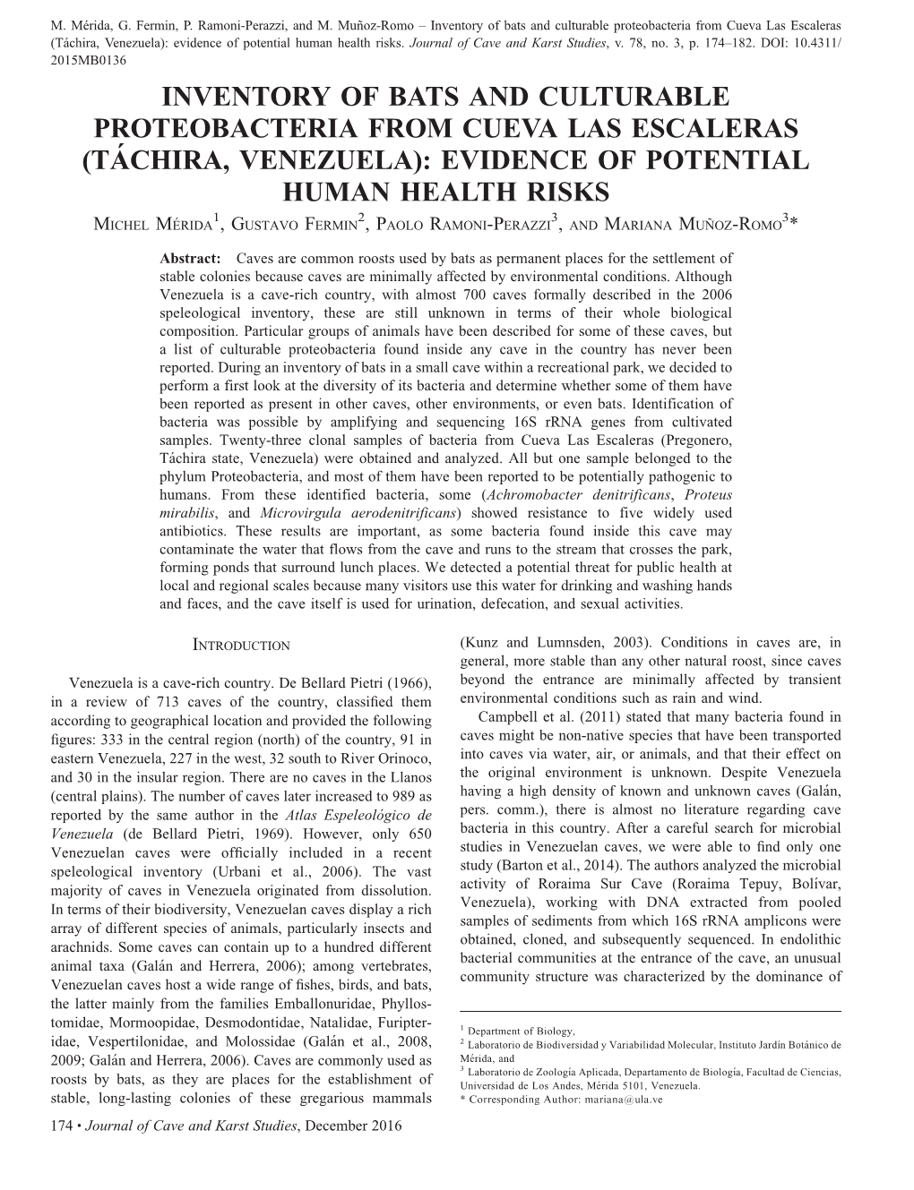 Inventory of Bats and Culturable Proteobacteria from Cueva Las Escaleras (Ta´Chira, Venezuela): Evidence of Potential Human Health Risks