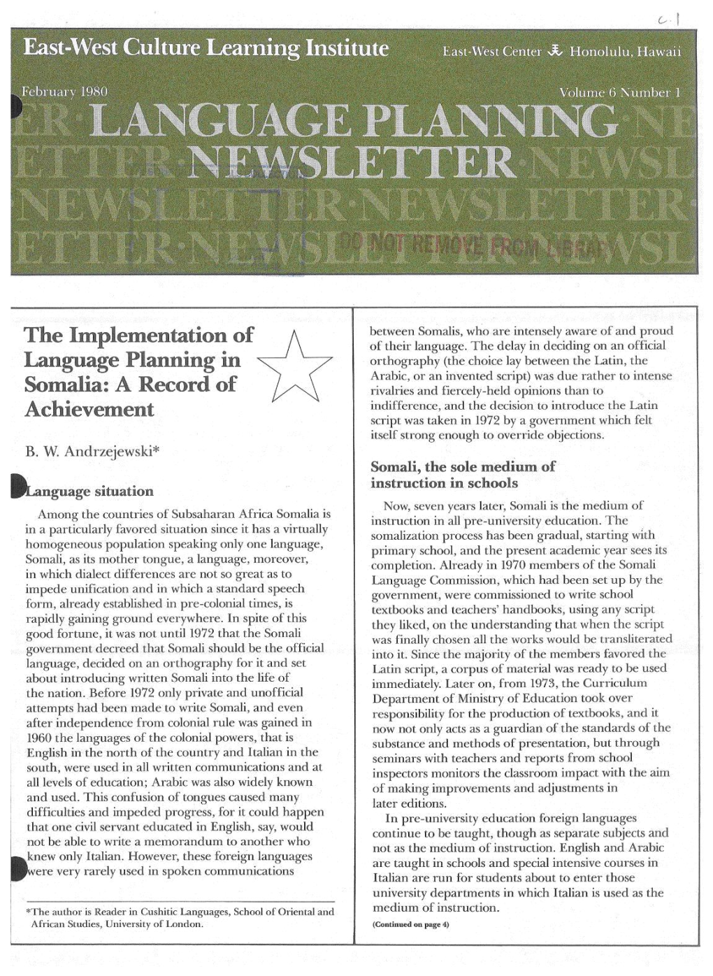 Language Planning Newsletter, February 1980, Vol