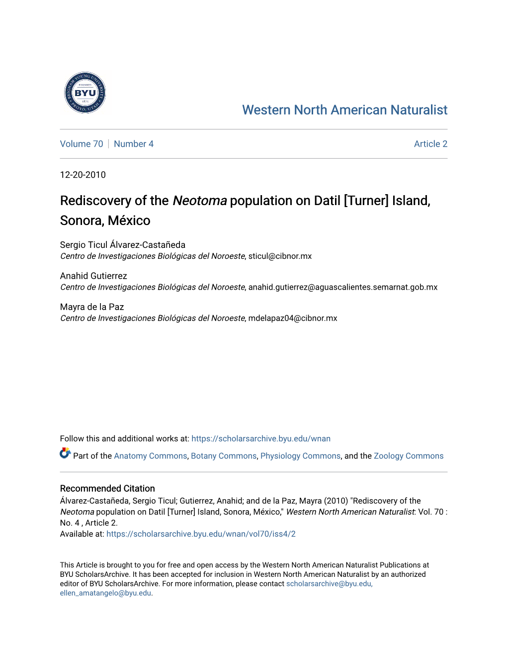 Rediscovery of the Neotoma Population on Datil [Turner] Island, Sonora, México