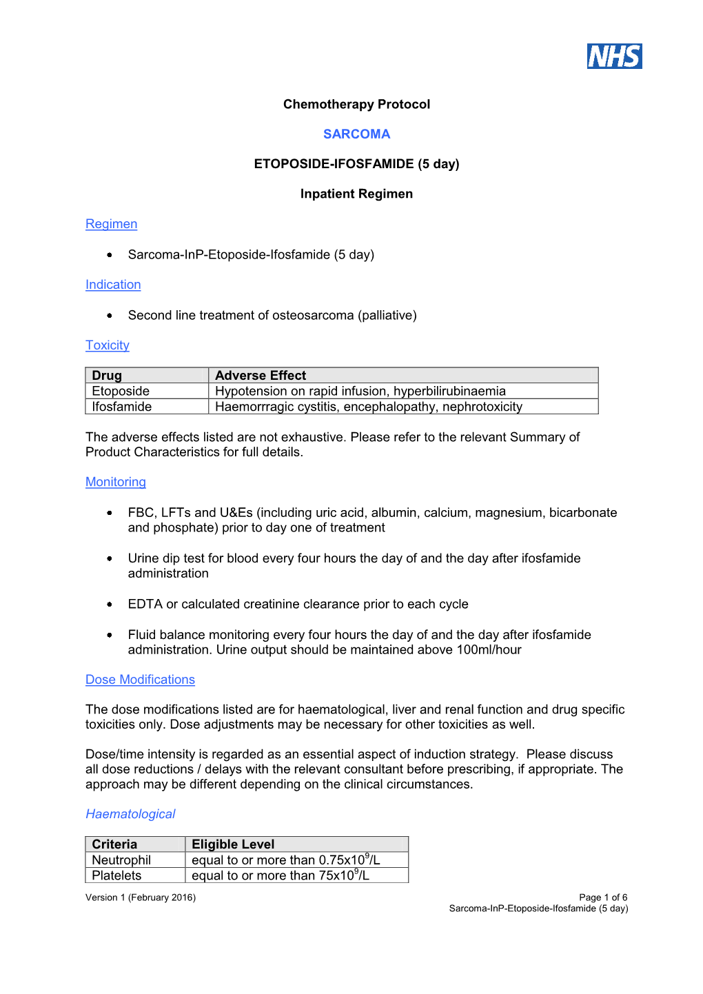 Chemotherapy Protocol SARCOMA ETOPOSIDE-IFOSFAMIDE (5 Day)