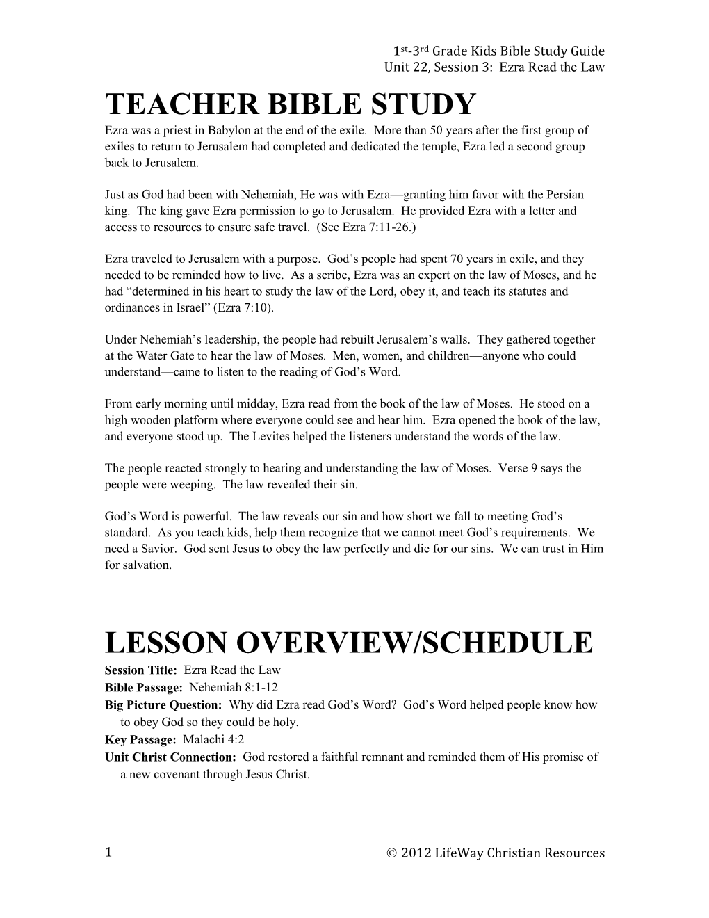 Teacher Bible Study Lesson Overview/Schedule