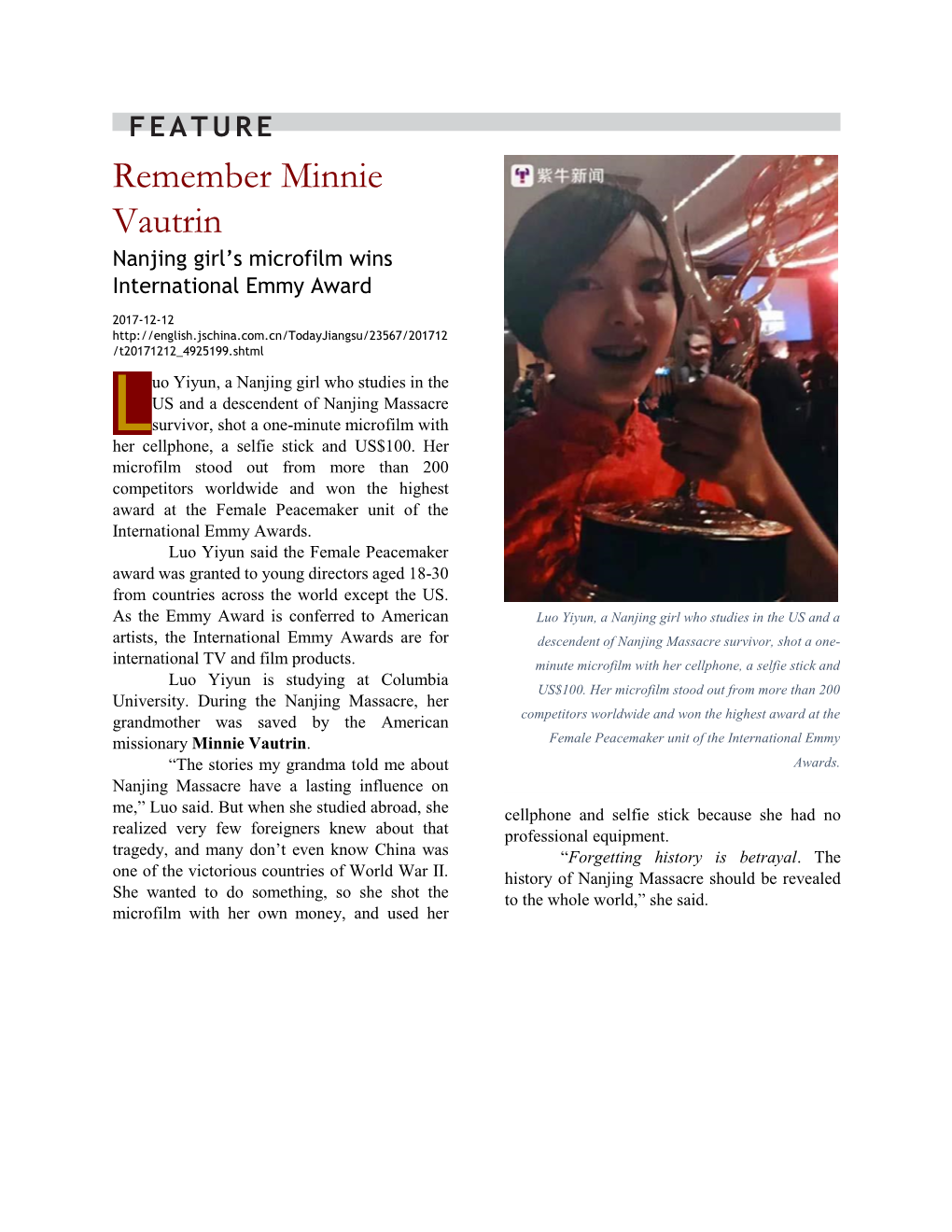 Remember Minnie Vautrin Nanjing Girl’S Microfilm Wins International Emmy Award