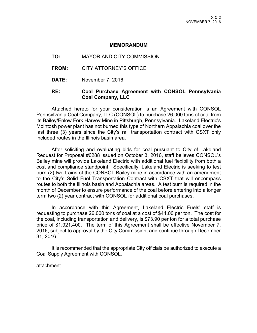 Coal Purchase Agreement with CONSOL Pennsylvania Coal Company, LLC