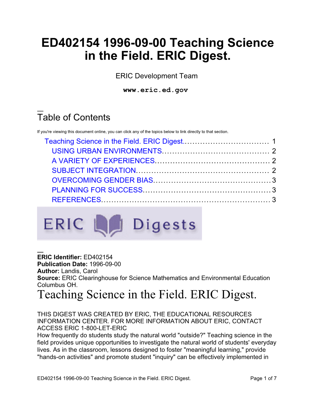 Teaching Science in the Field. ERIC Digest