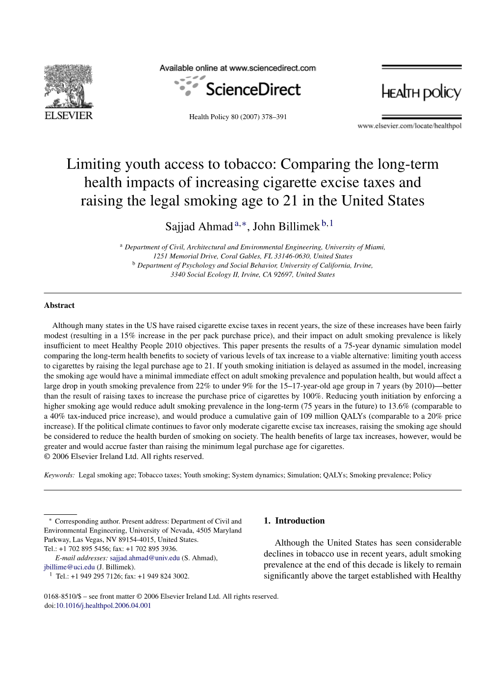 Comparing the Long-Term Health Impacts of Increasing Cigarette Excise Taxes and Raising the Legal Smoking Age to 21 in the United States