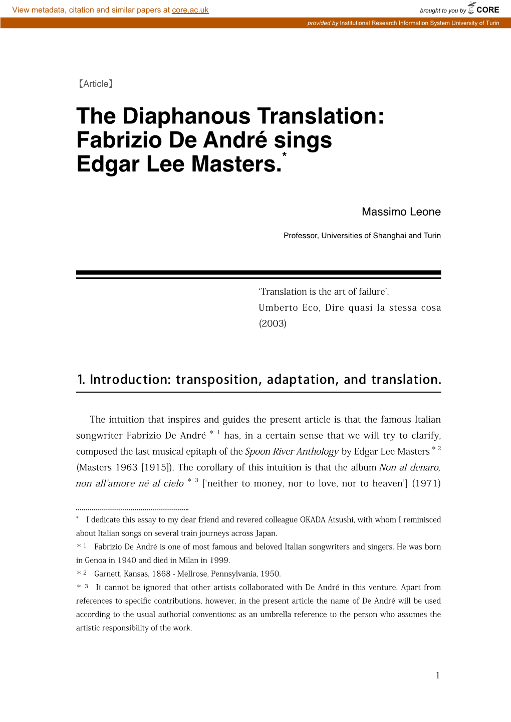 The Diaphanous Translation: Fabrizio De André Sings Edgar Lee Masters.*