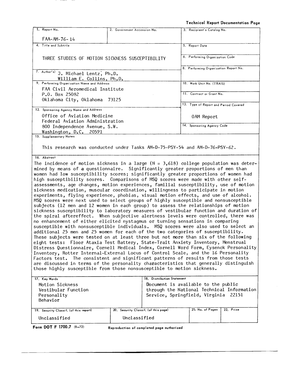 Three Studies of Motion Sickness Susceptibility 6