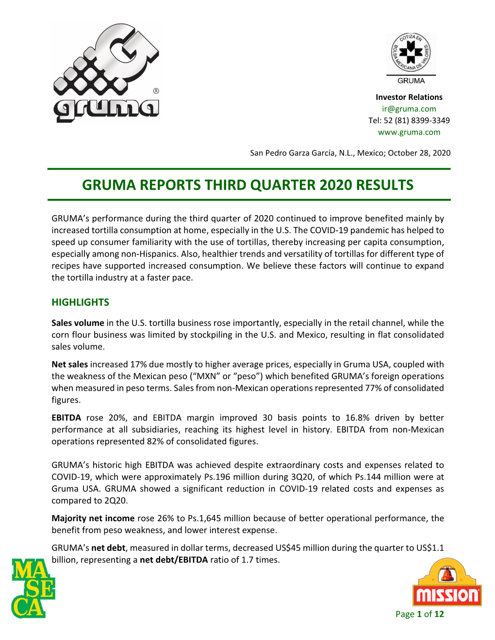 Gruma Reports Third Quarter 2020 Results